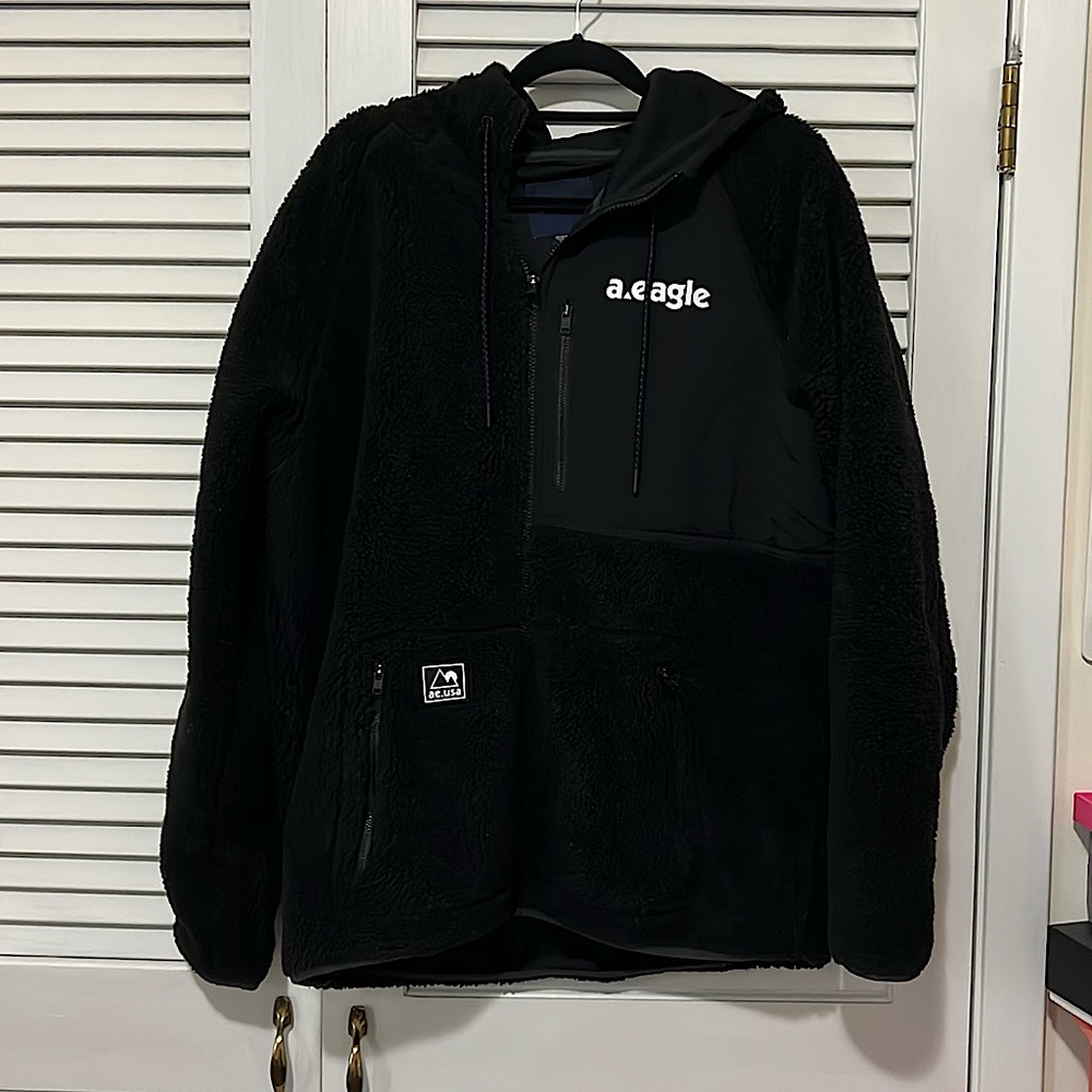 American Eagle Sherpa Zip Up Jacket Black Mens XL